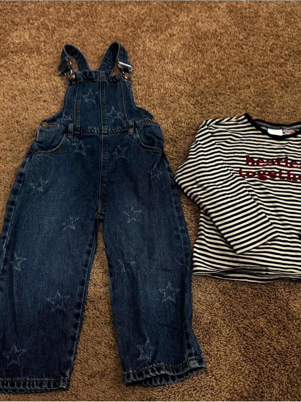 Zara Dark Blue Star-Print Denim Overalls & Striped Long Sleeve